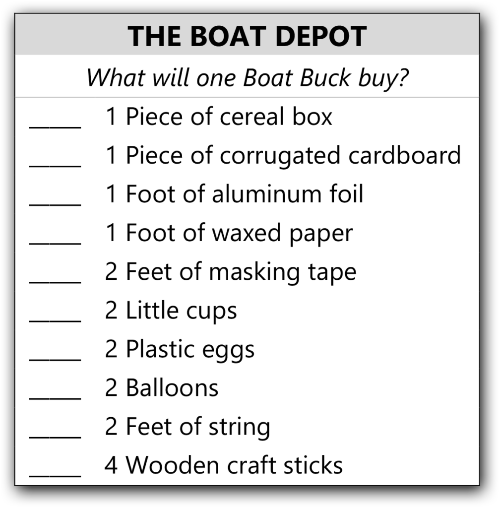 An example shopping list made from the template provided in the printable handouts for The Great Boat Float Challenge module.
